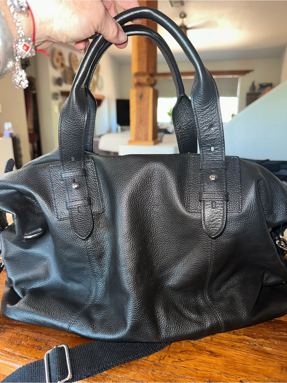 Cole Haan Black Pebbled Leather Duffel Bag with Shoulder Strap
